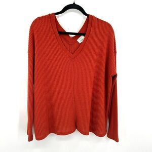 PROJECT SOCIAL T Burnt Orange Boxy Waffle Knit V-Neck Thermal Shirt Size Medium
